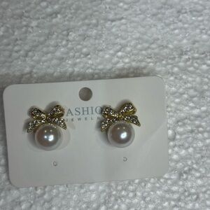 Gold and Silver Bow Pearl Earrings